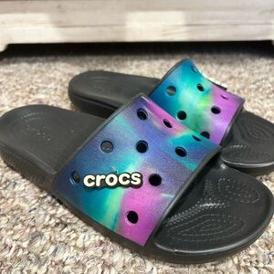 Tie-dye croc slides